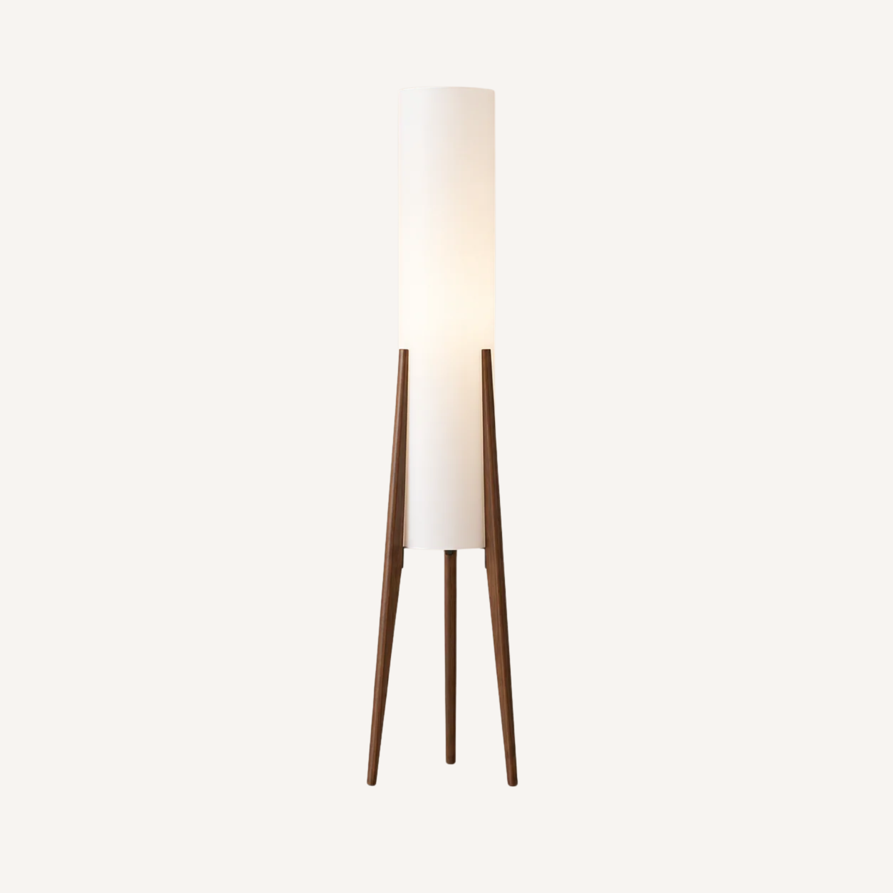Lampadaire Nuviro, trépied en bois noyer et abat-jour cylindrique blanc