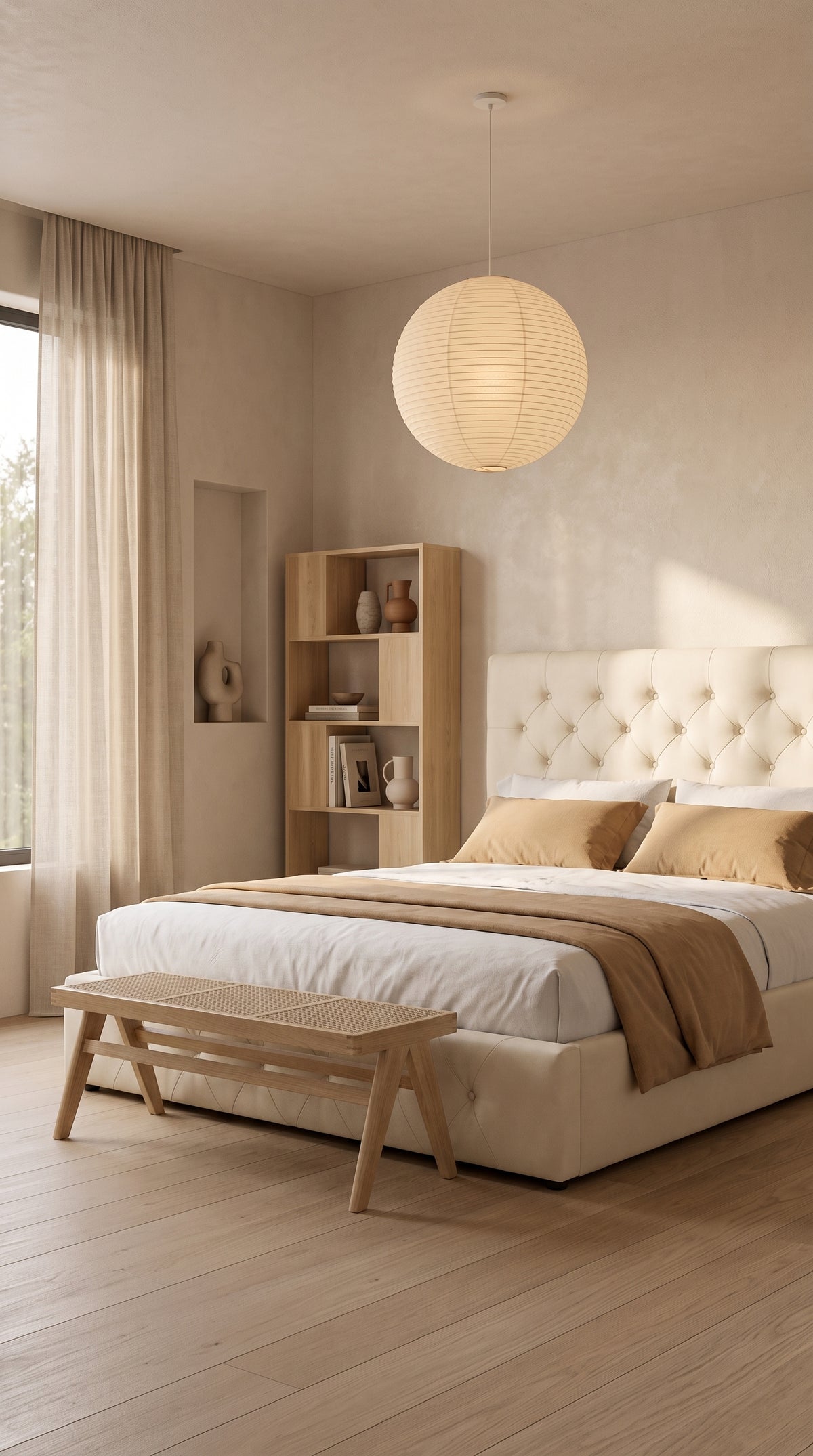 Chambre japandi : lit capitonné crème, suspension boule en papier et étagère en chêne clair