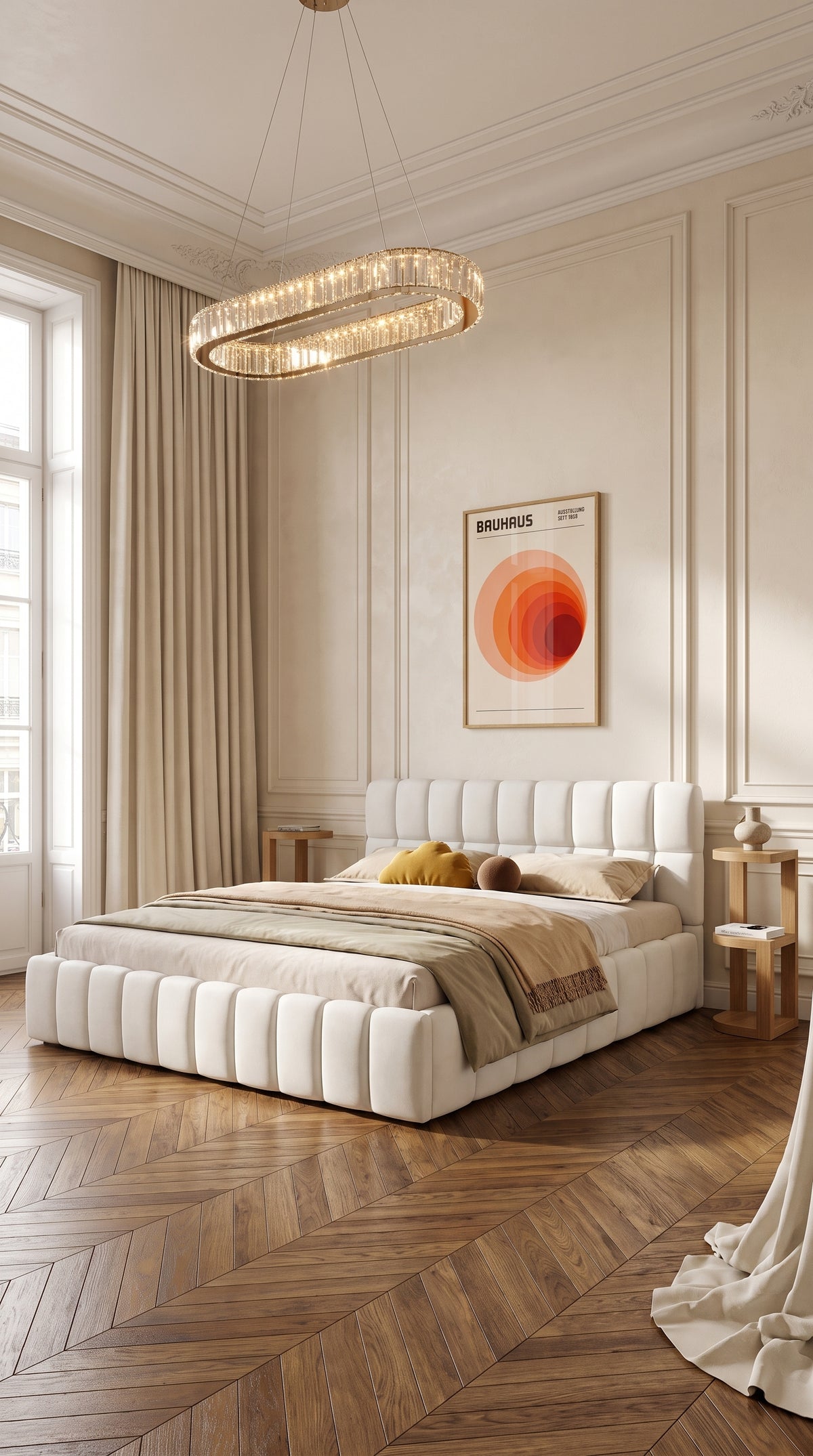 Chambre parisienne : lit à boudins blanc, lustre ovale en cristal et affiche Bauhaus terracotta