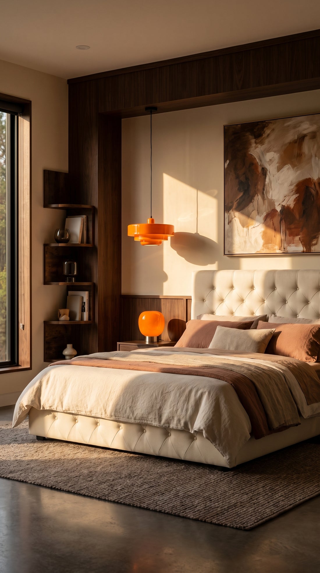 Chambre noyer et orange : lit capitonné crème, suspension orange à étages et lampe en verre orange
