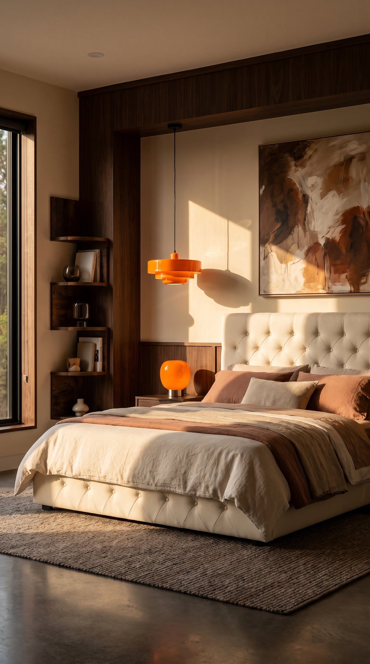 Chambre noyer et orange : lit capitonné crème, suspension orange à étages et lampe en verre orange