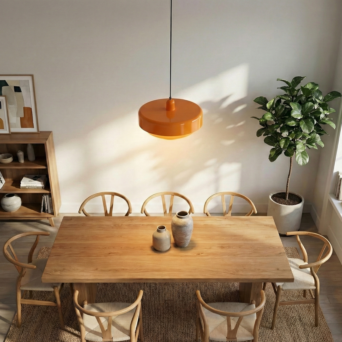 Suspension Solora orange au-dessus d'une table en bois