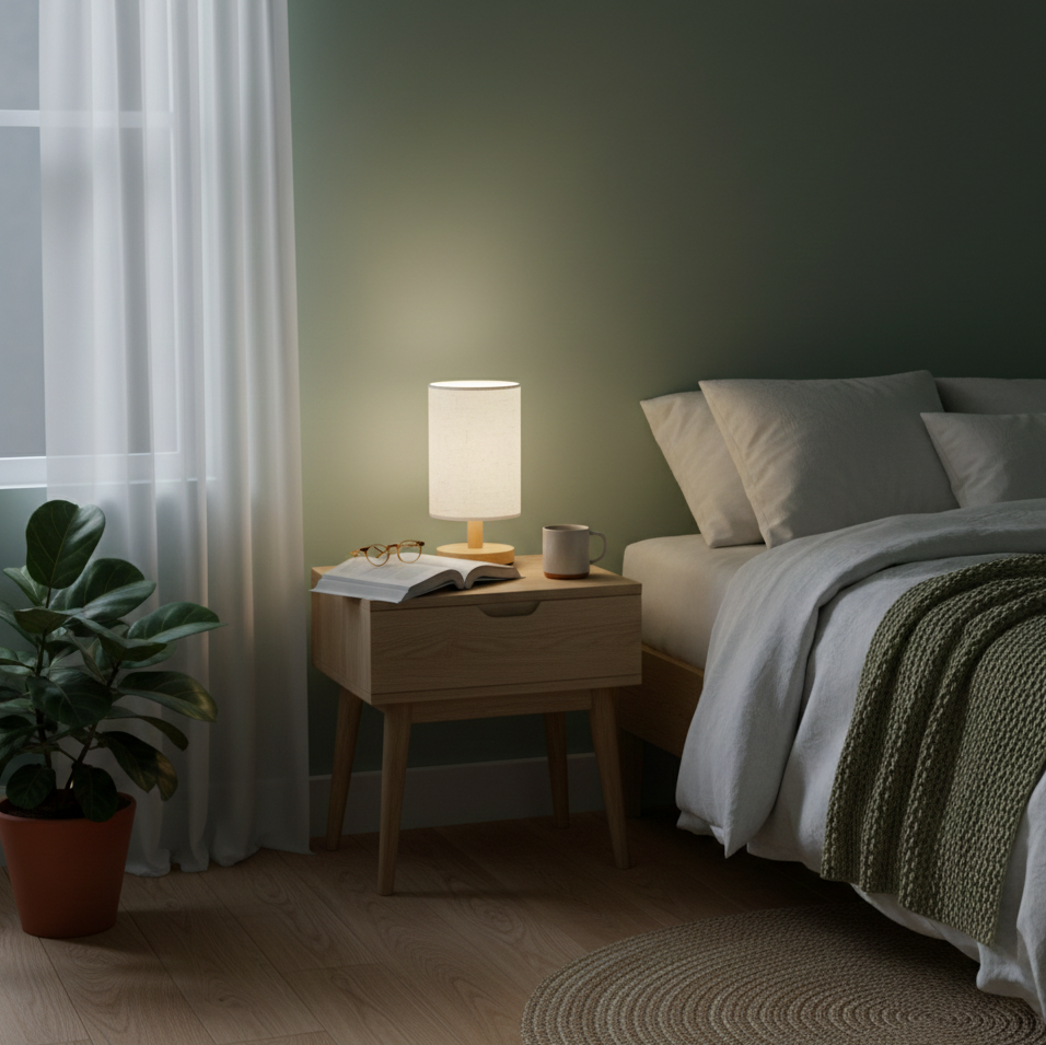 Cylindrical Linen Bedside Lamp – Simplicity and Soft Light