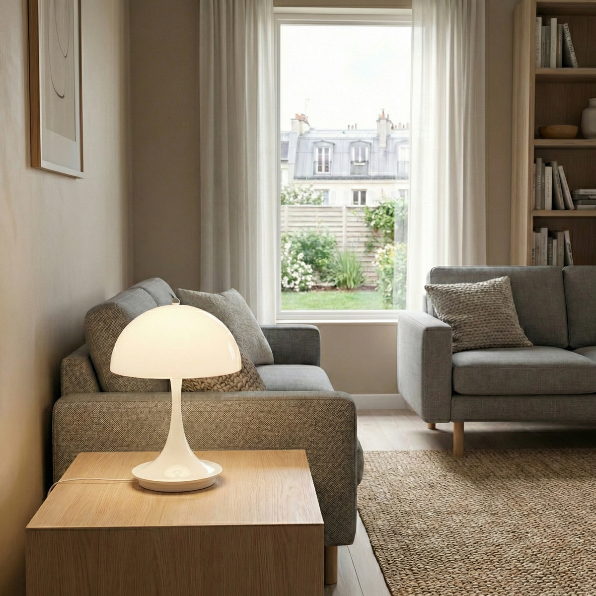 Lampe Lunéa allumée sur une table basse