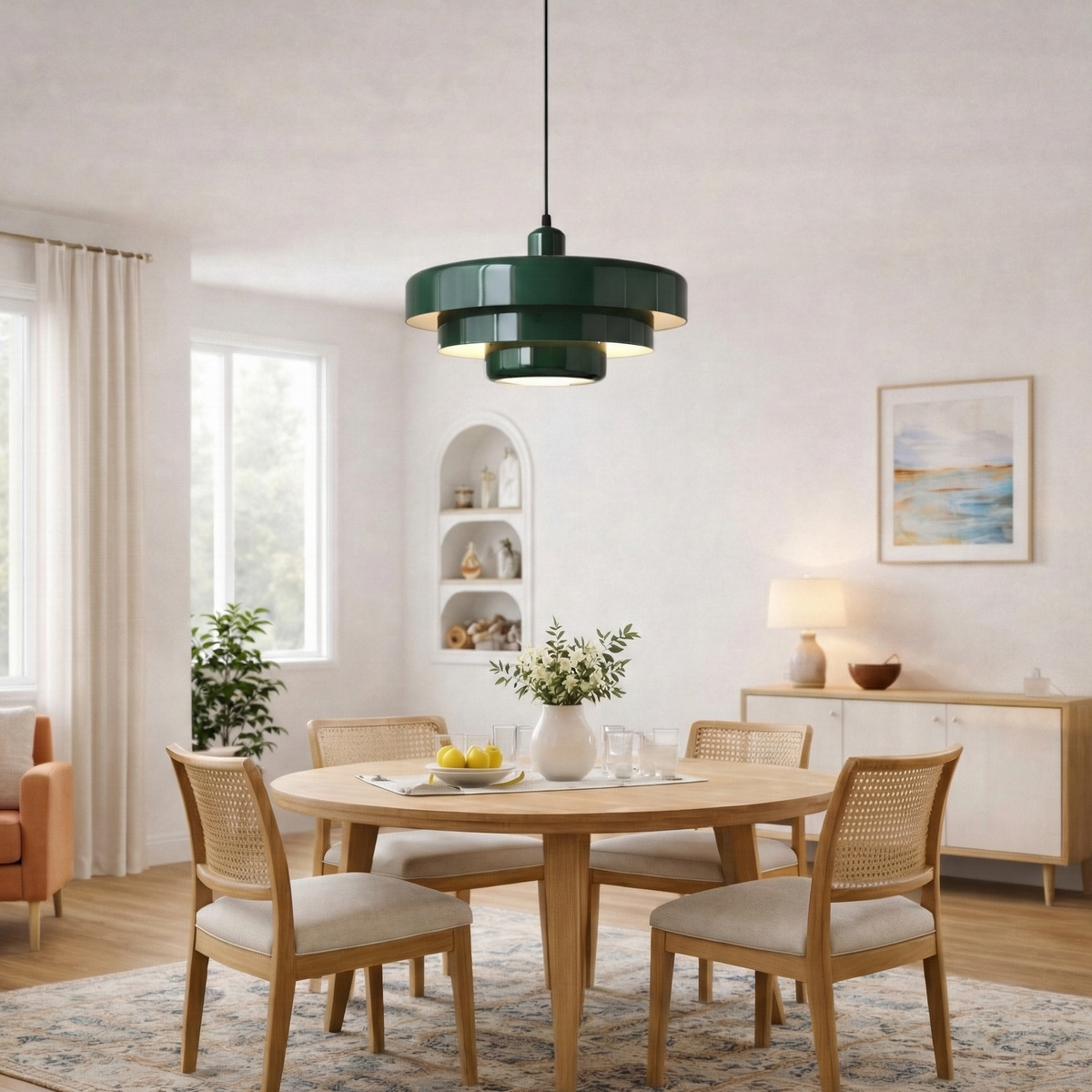 Suspension Solora verte au-dessus d'une table ronde
