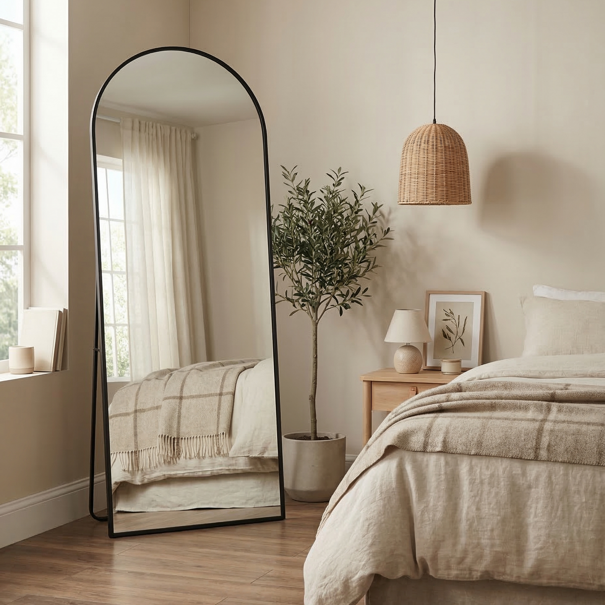 Miroir plein pied Elvane noir posé dans une chambre