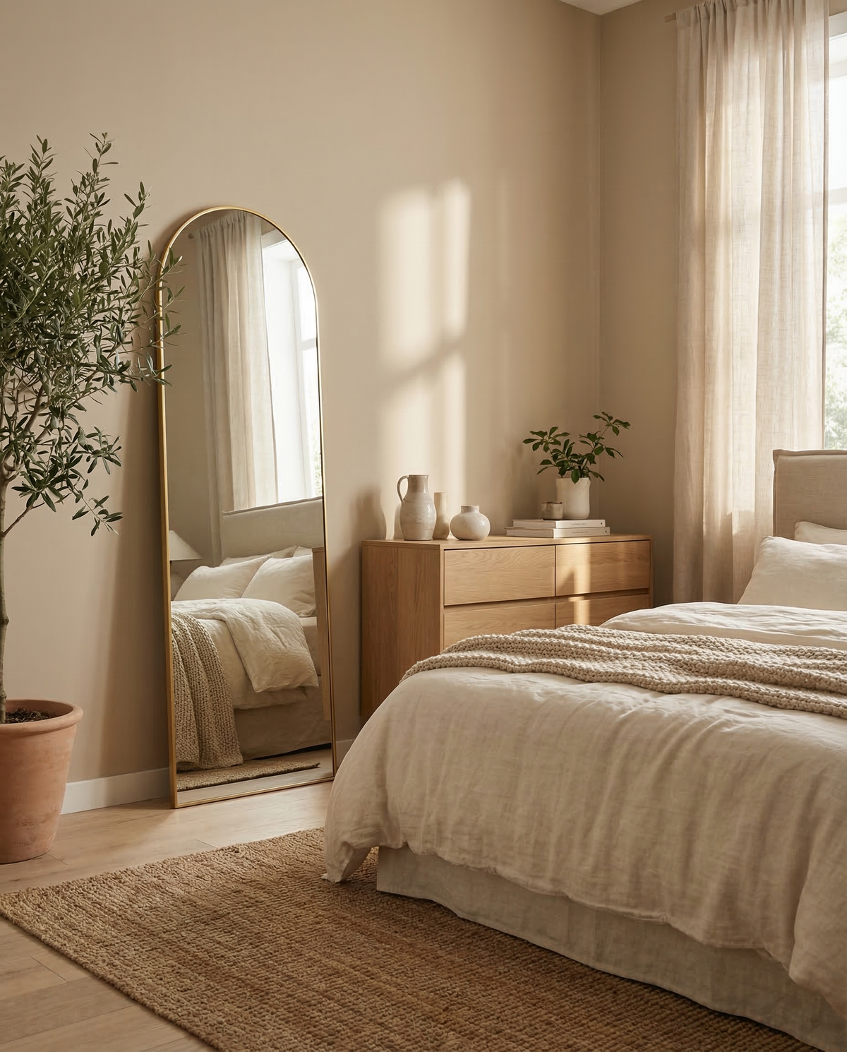 Miroir plein pied Elvane doré contre un mur de chambre