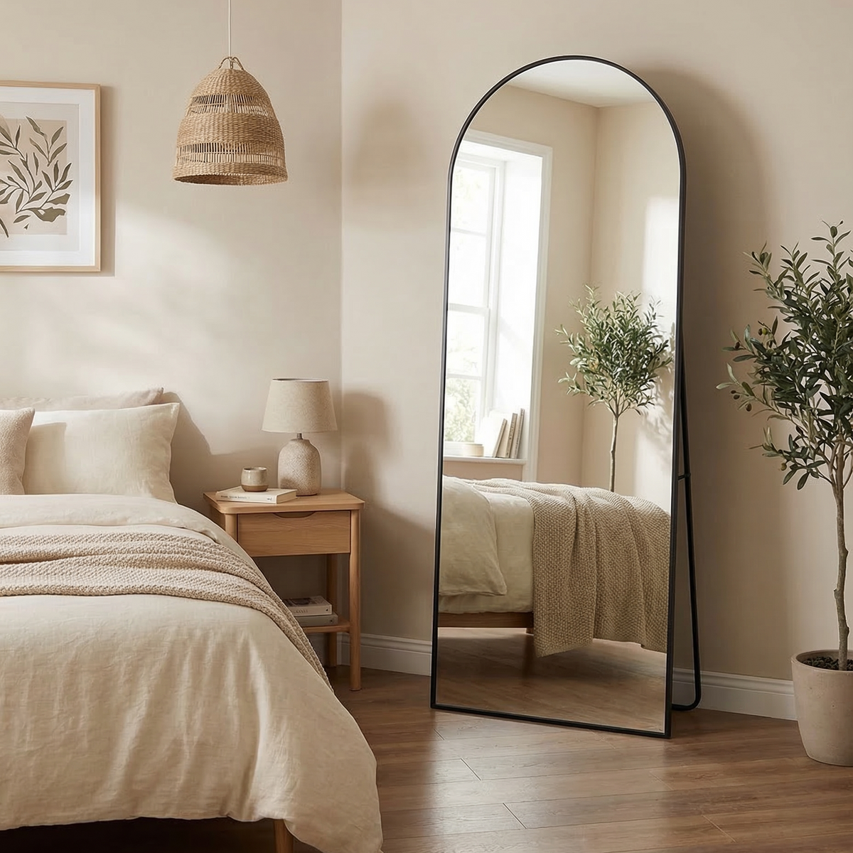 Miroir plein pied Elvane noir contre un mur près d'un lit