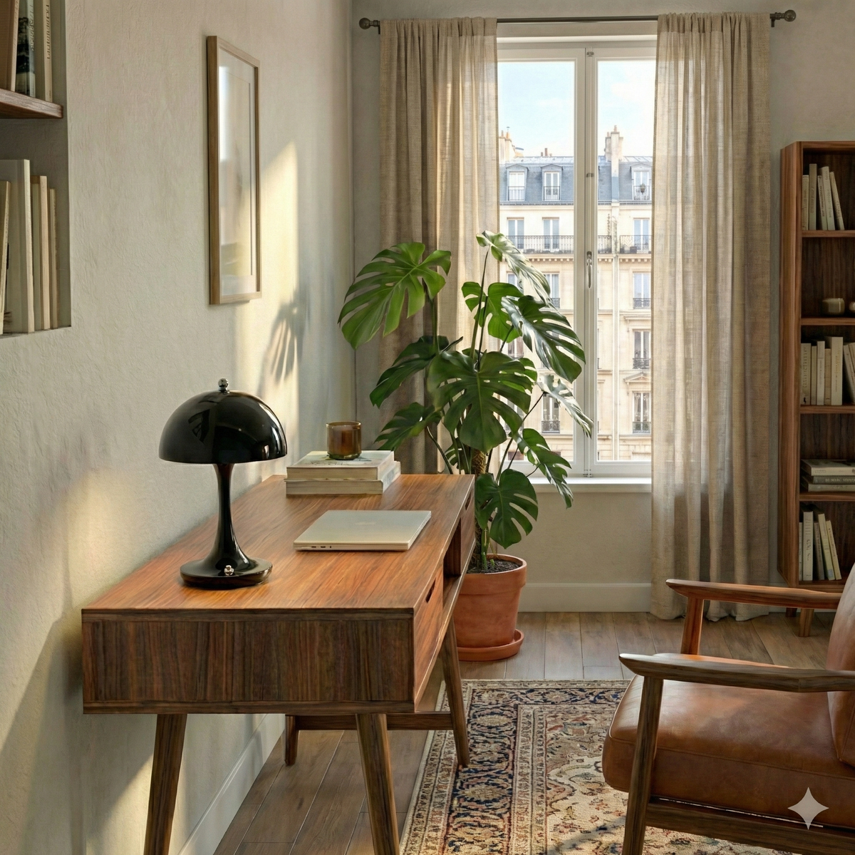 Lampe Lunéa noire allumée sur un bureau en bois