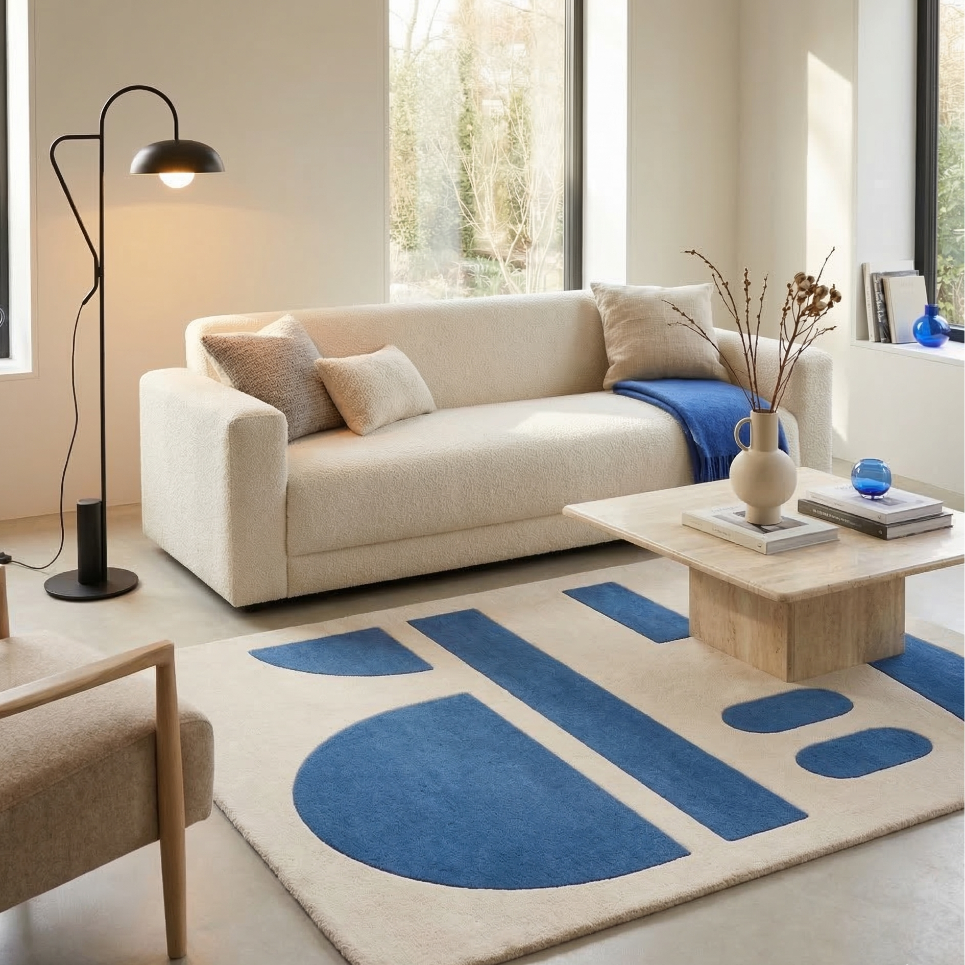 Tapis géométrique bleu et écru – Aelio