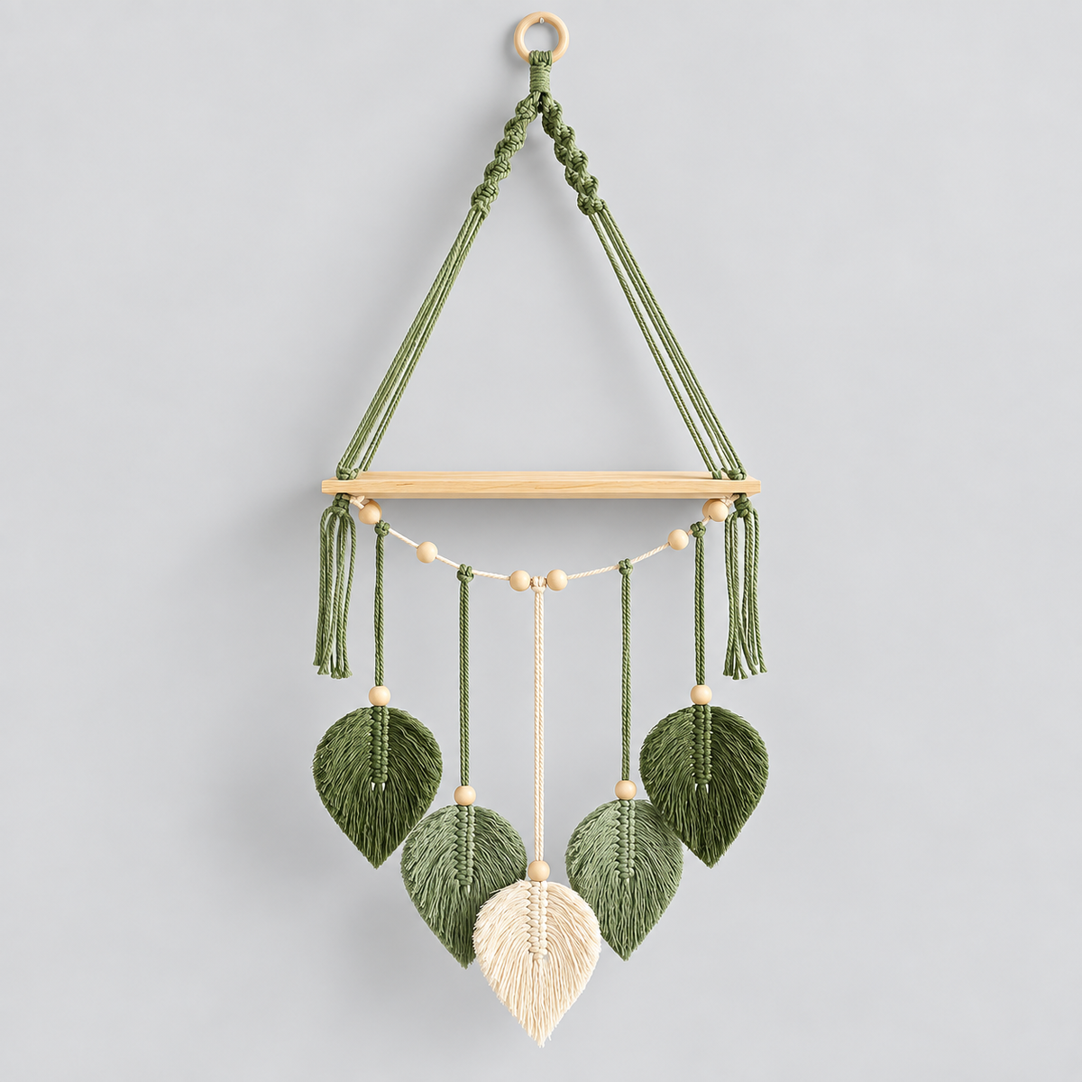 Étagère Murale Macramé Feuilles – Coton Naturel et Bois de Pin