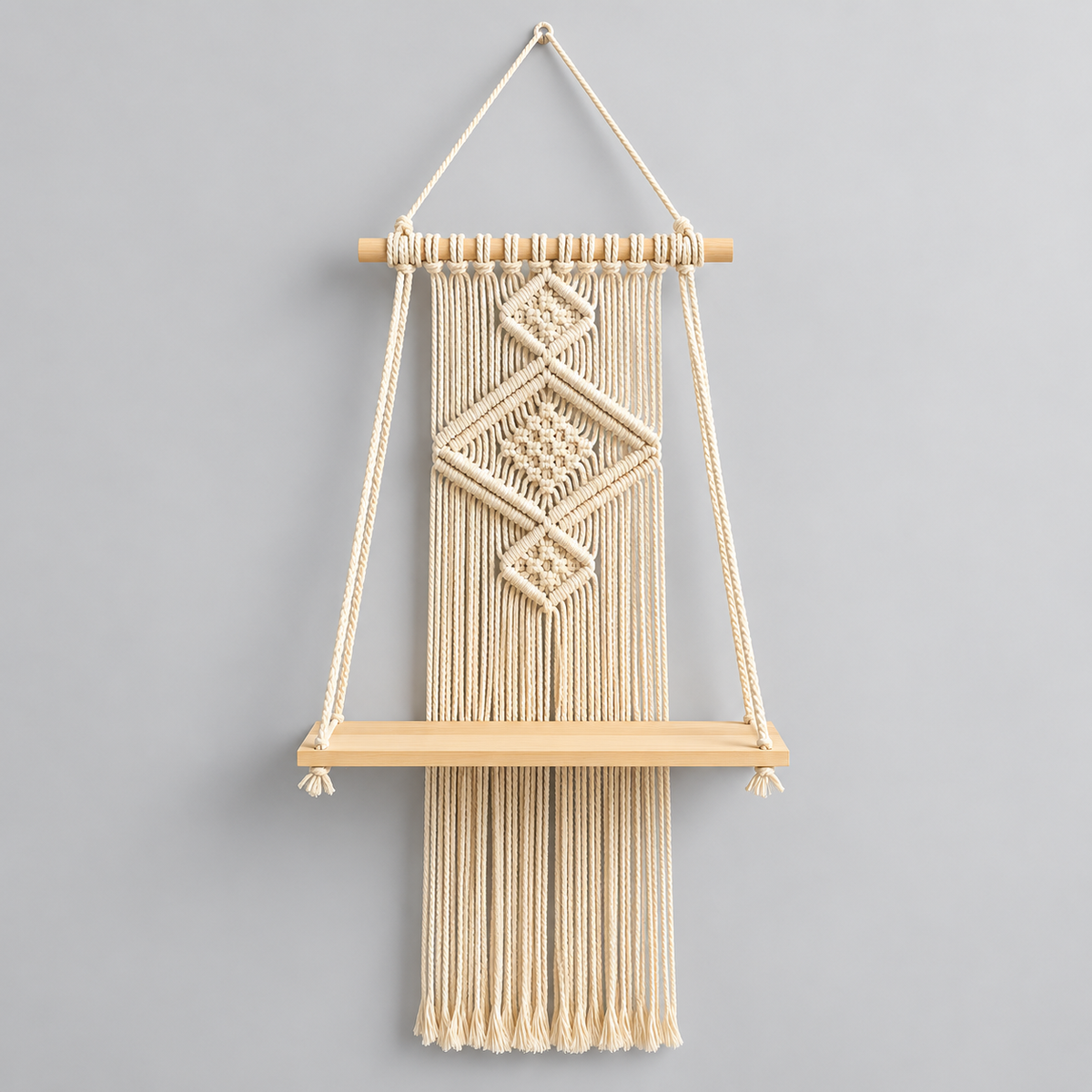 Étagère Suspendue Macramé – Bois Naturel et Corde Tressée Main