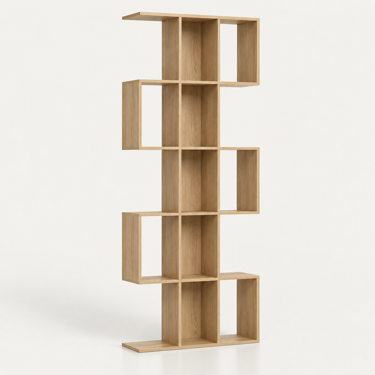 Étagère Bibliothèque Asymétrique Effet Chêne – 15 Compartiments et Design Géométrique