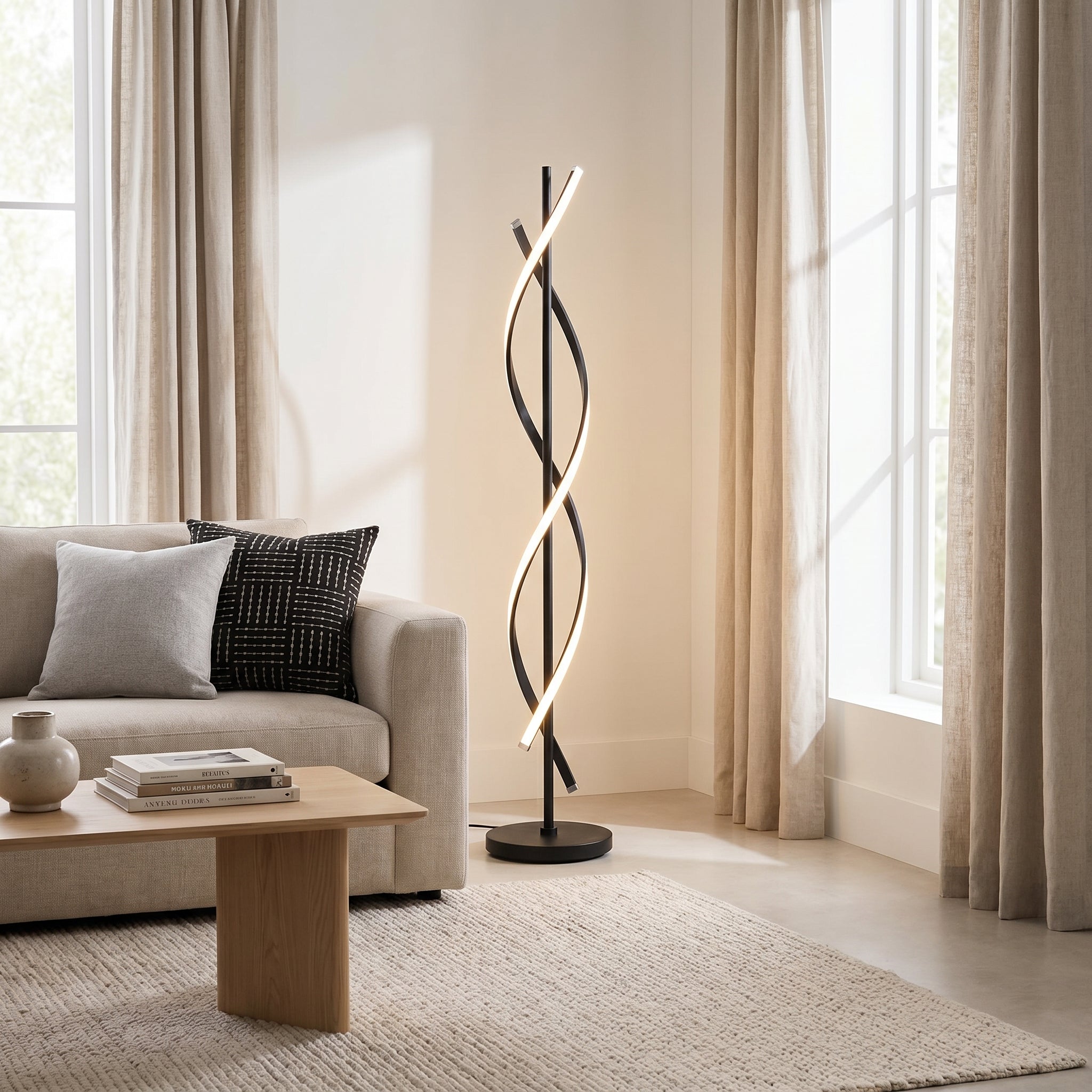 Lampadaire LED Design en Métal Noir avec Bandes Lumineuses Entrelacées – Ondiro