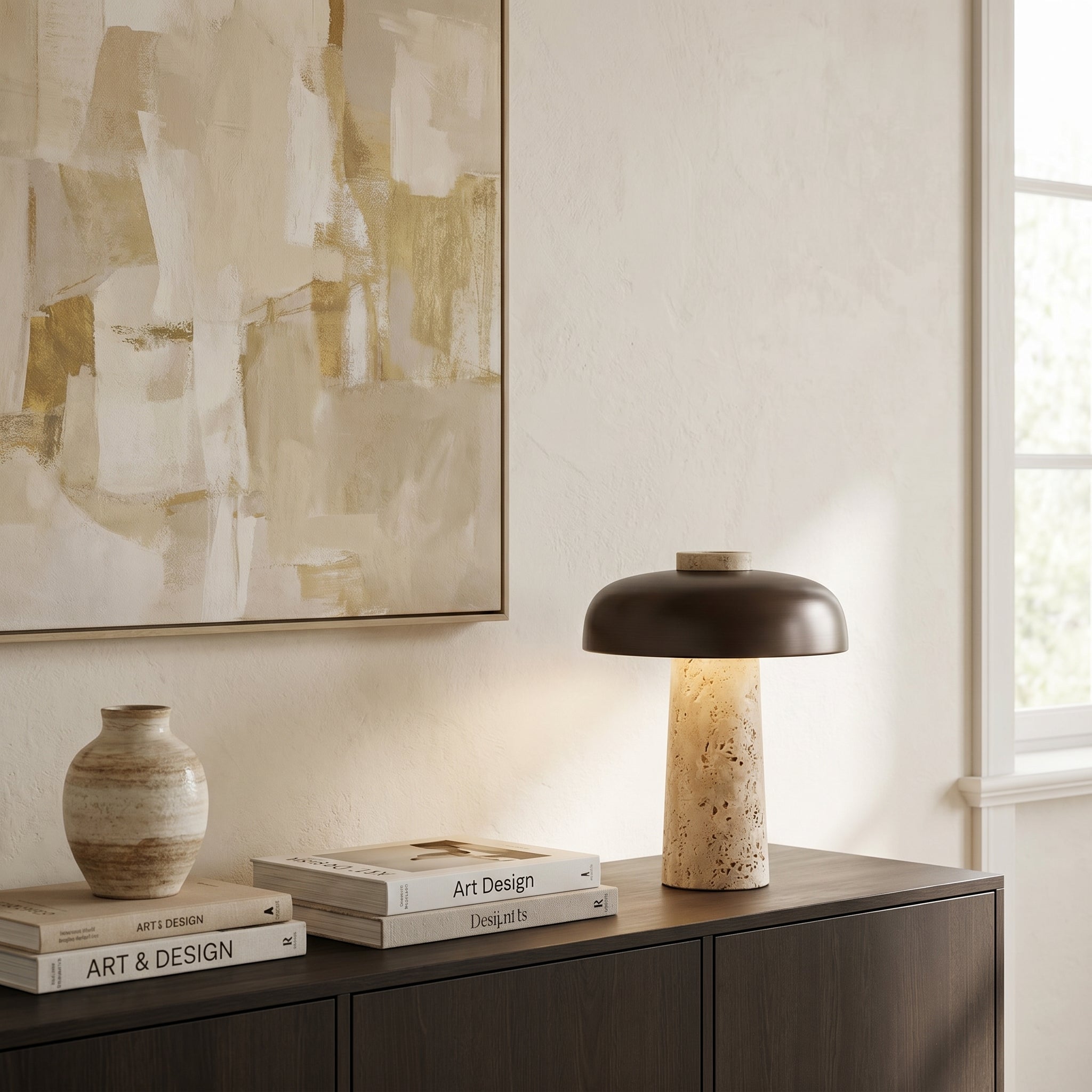Lampe de Table en Travertin et Métal Noir – Noxéa