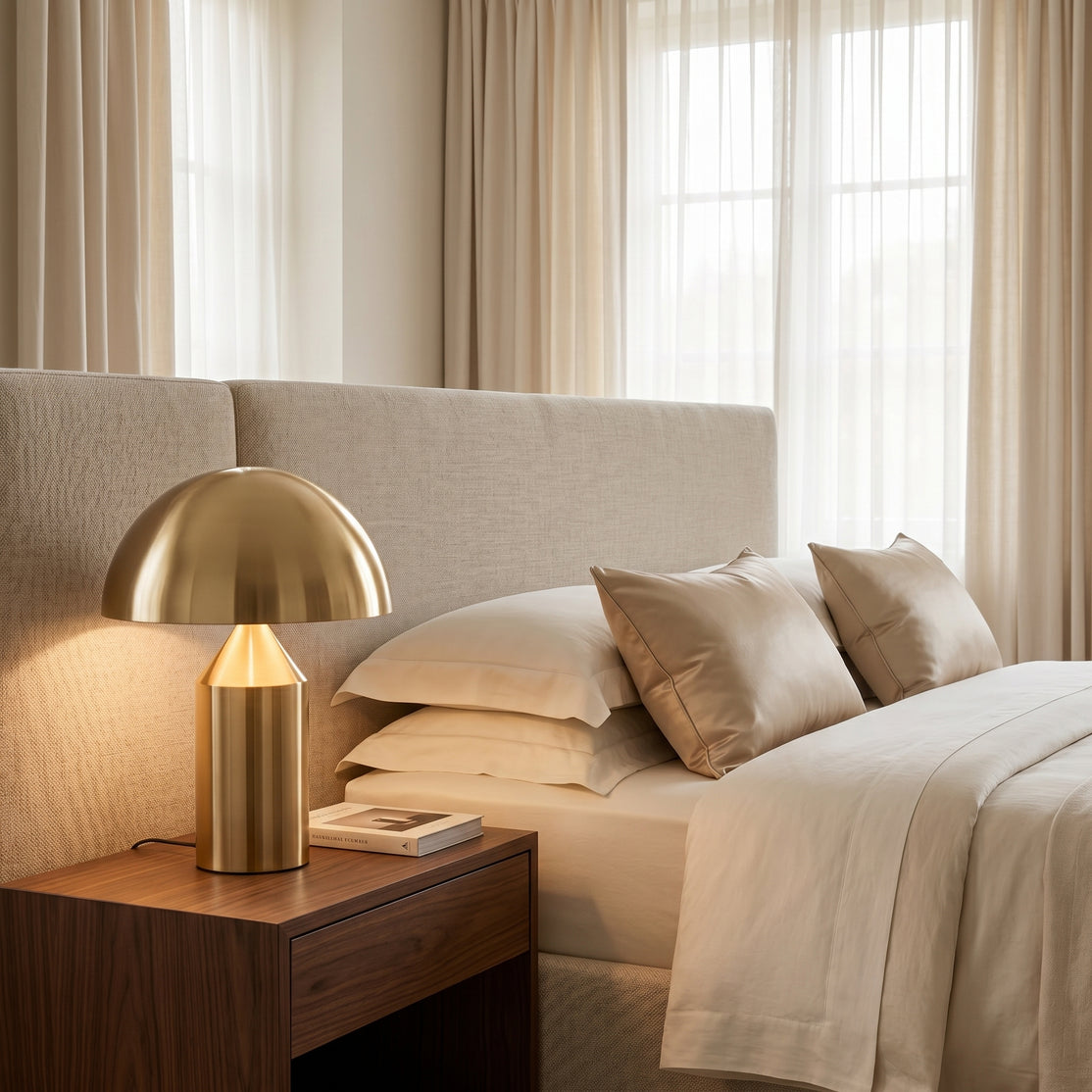 Lampe Oréa allumée sur un chevet