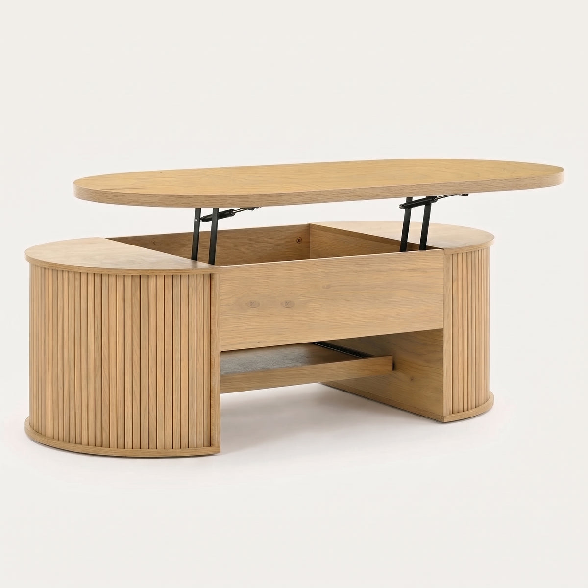 Ovaler Couchtisch mit Lift-Funktion und Stauraum – helles Holz oder Nussbaum