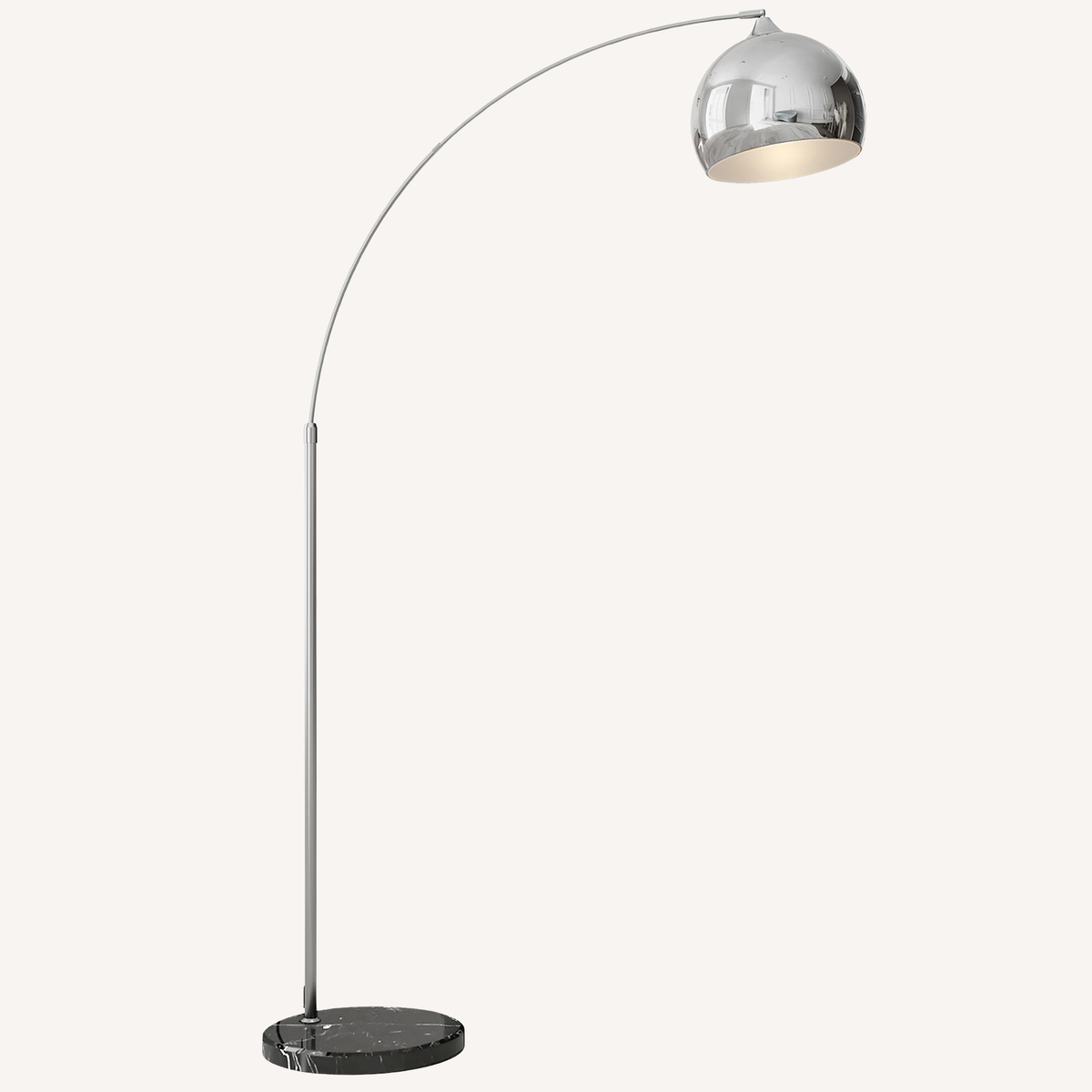Lampadaire arc Chromiro chromé, abat-jour dôme et socle rond noir