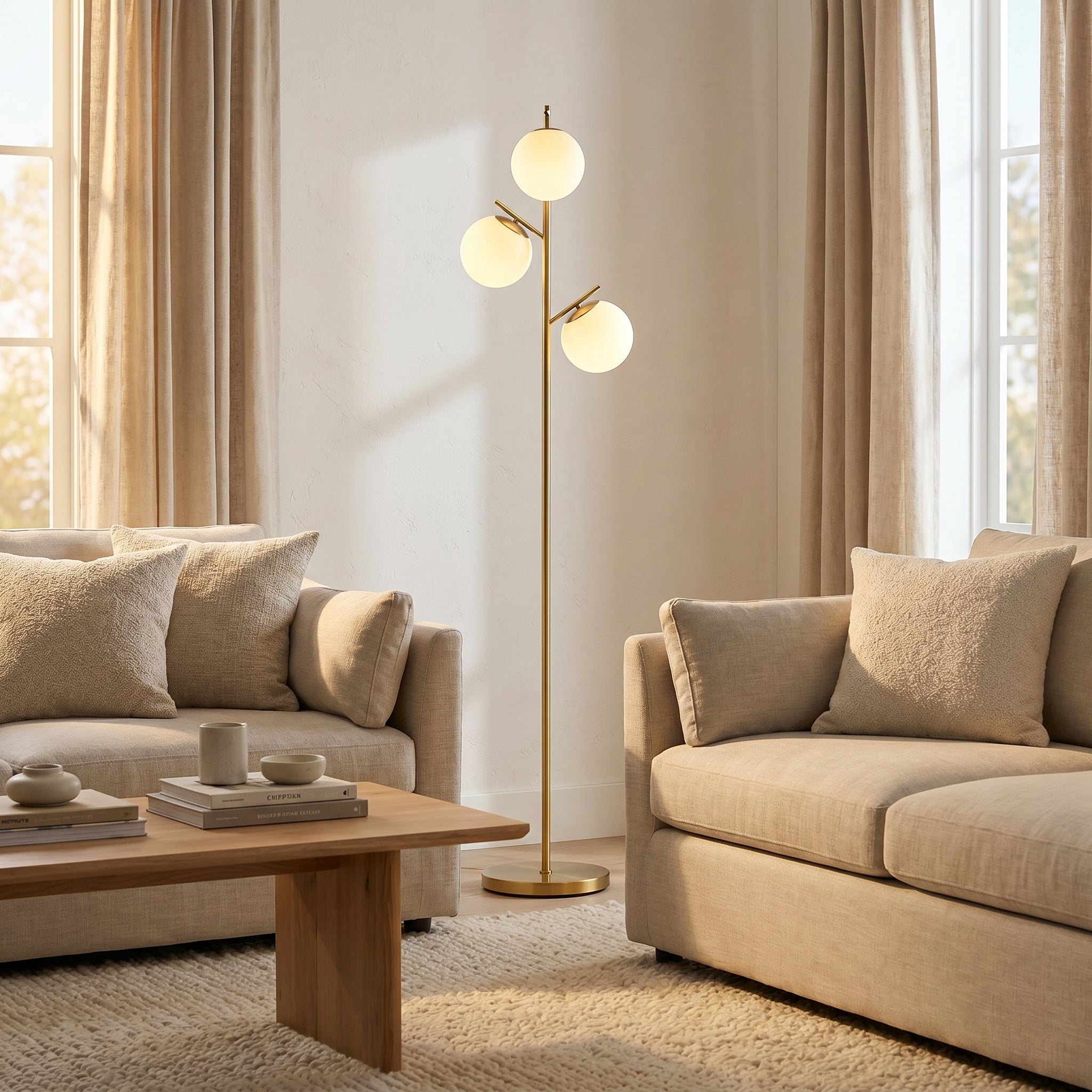 Lampadaire 3 Globes en Verre Opalin et Métal Doré - Aurélo
