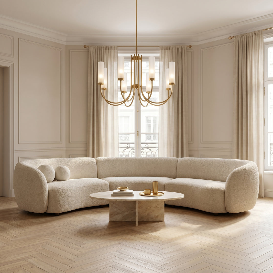 Lustre Lucerna allumé dans un salon avec canapé courbe
