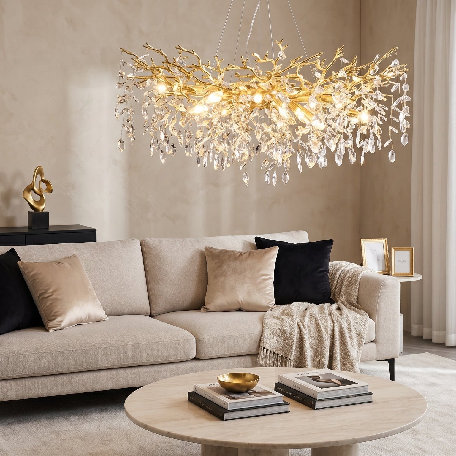 Lustre Branche Dorée en Cristal - Sylvara