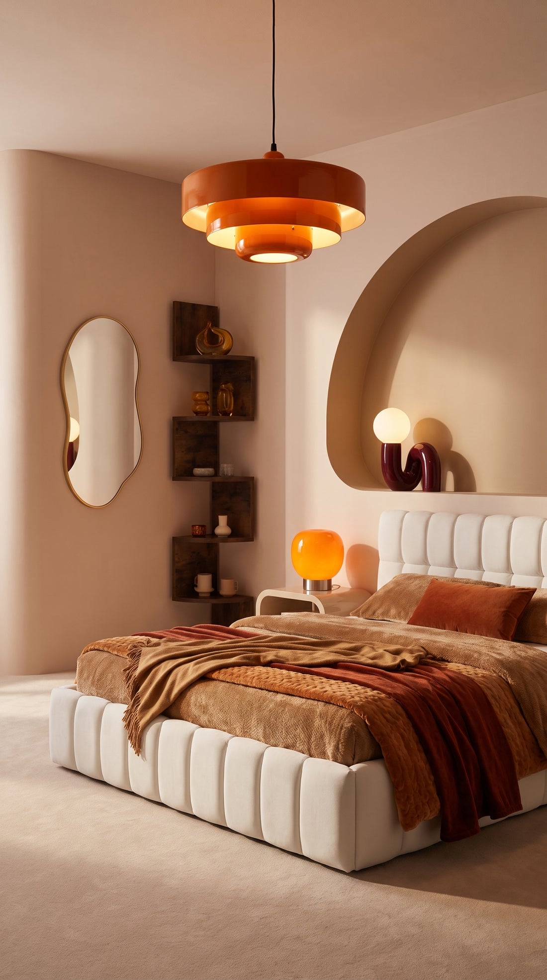 Chambre seventies : suspension orange à étages, lampe en verre orange et lampe rouge à globe