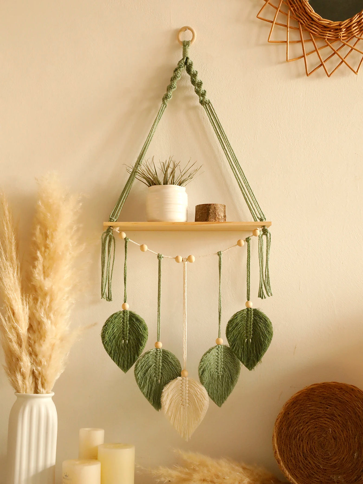 Étagère Murale Macramé Feuilles – Coton Naturel et Bois de Pin