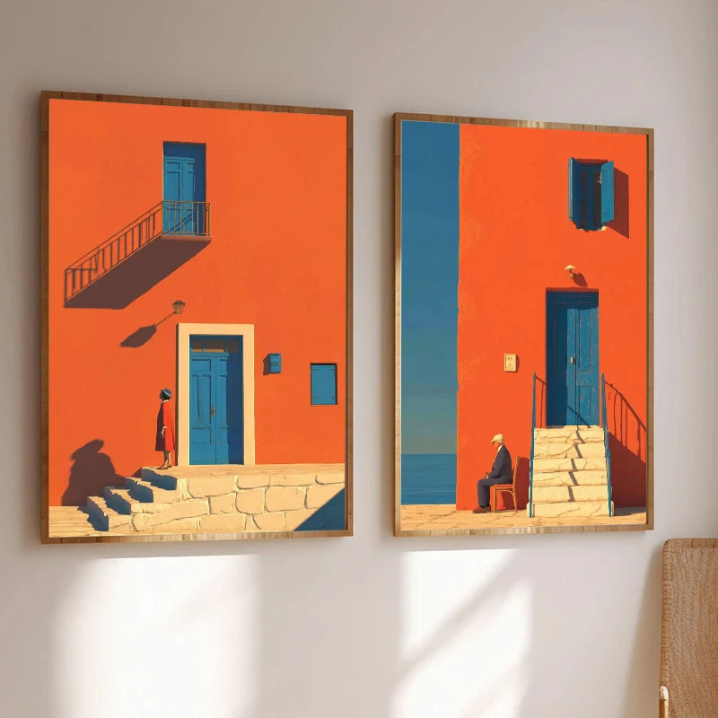 Tableau Méditerranéen Orange et Bleu – Architecture Côtière Estivale