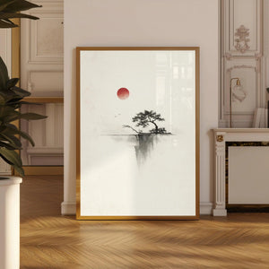 Tableau Arbre Japonais à l’Encre – Soleil Rouge et Esprit Zen