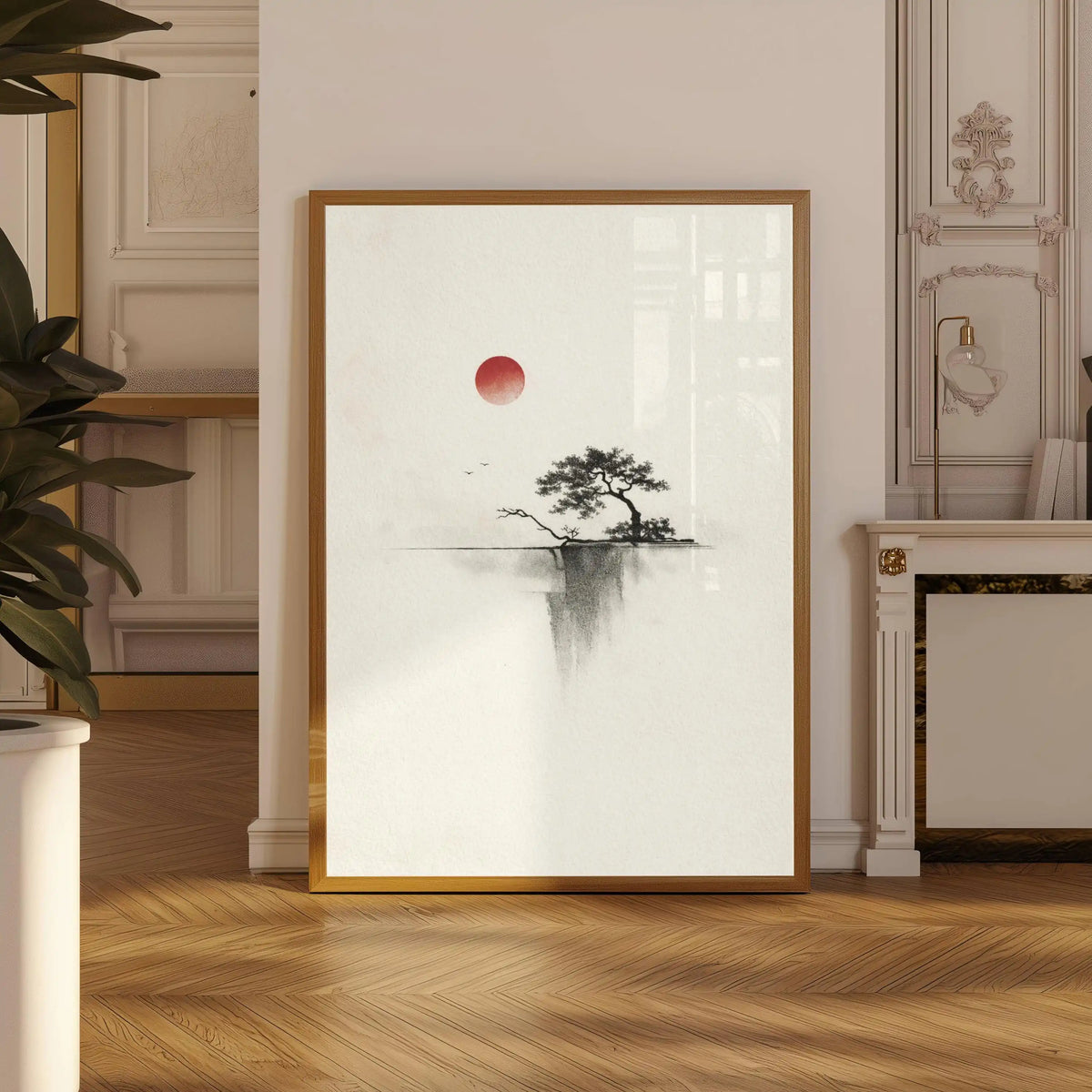 Tableau Arbre Japonais à l’Encre – Soleil Rouge et Esprit Zen