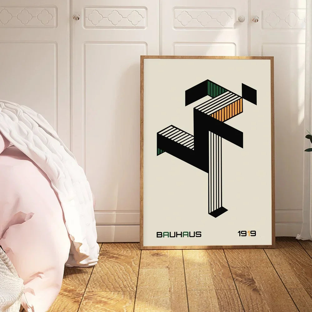 Tableau Bauhaus Structure 1919 – Lignes Graphiques Vert & Ocre