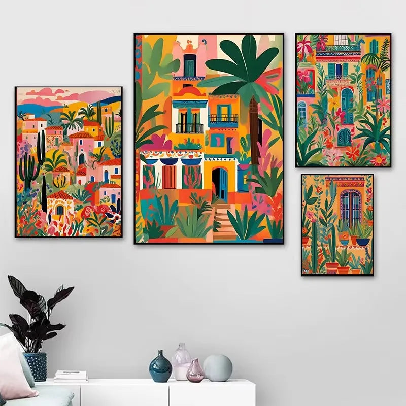 Tableau Architecture Mexicaine Colorée – Fleurs et Ambiance Solaire