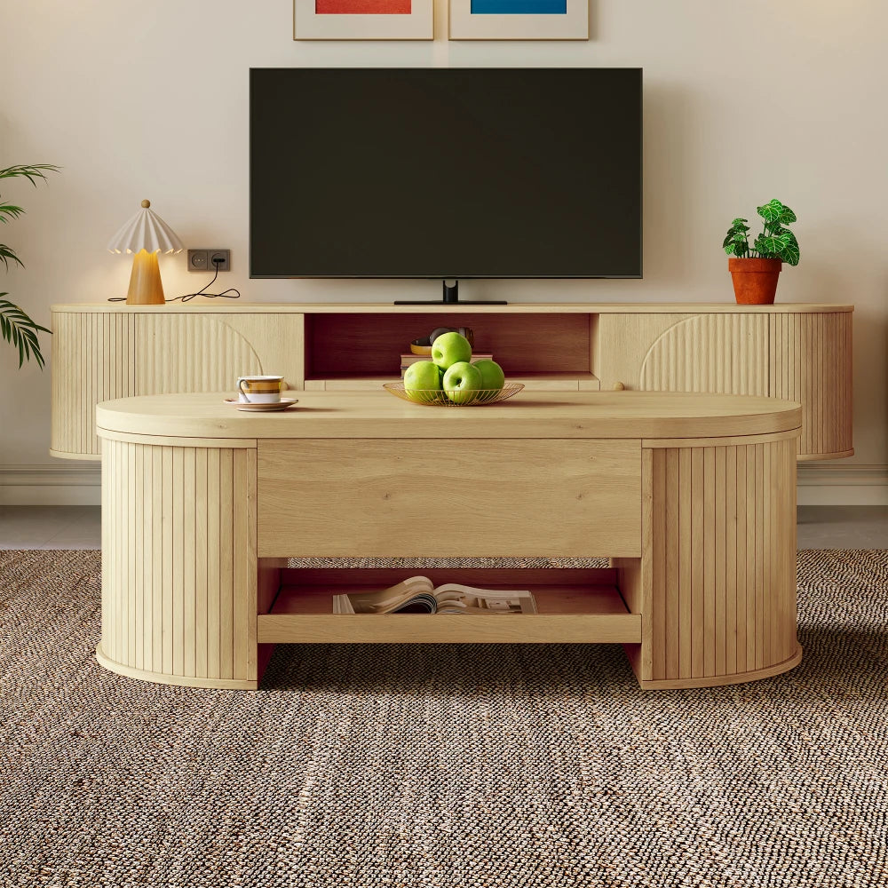 Table Basse Relevable en Bois Naturel – Rangement Intégré et Lignes Courbes