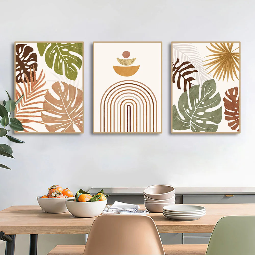 Tableau Bohème Abstrait – Feuilles, Désert et Lignes Organiques