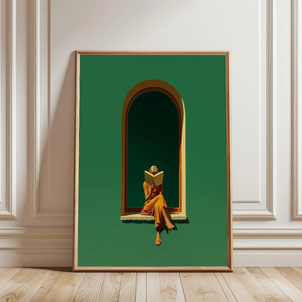 Tableau Femme Lisant Vert Émeraude – Ambiance Bibliothèque Élégante