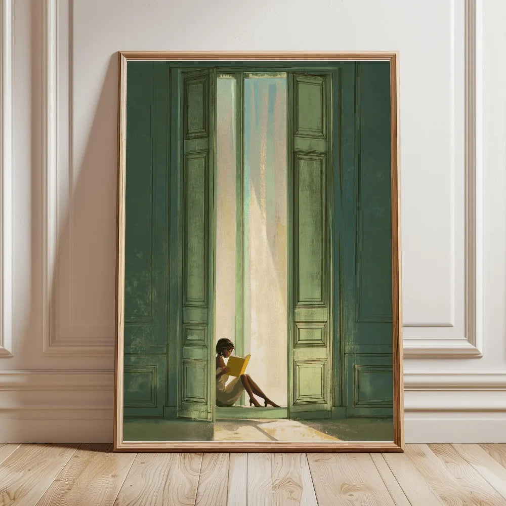 Tableau Femme Lisant Vert Émeraude – Ambiance Bibliothèque Élégante