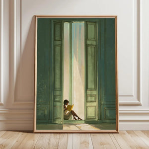 Tableau Femme Lisant Vert Émeraude – Ambiance Bibliothèque Élégante