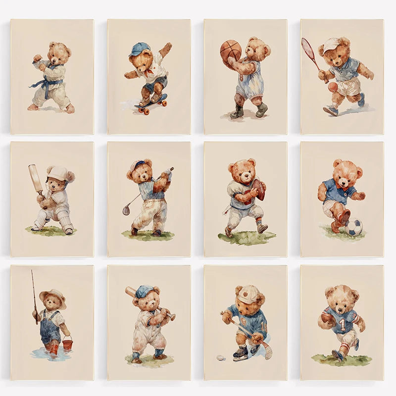 Tableau Ours Sportif Aquarelle – Esprit Vintage et Ludique