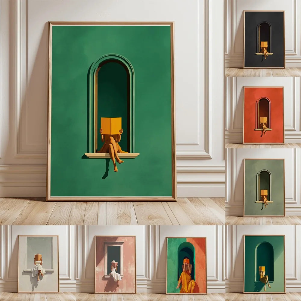 Tableau Femme Lisant Vert Émeraude – Ambiance Bibliothèque Élégante