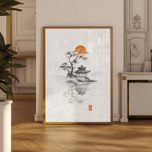 Tableau Arbre Japonais à l’Encre – Soleil Rouge et Esprit Zen