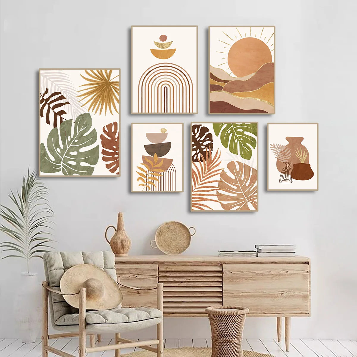 Tableau Bohème Abstrait – Feuilles, Désert et Lignes Organiques