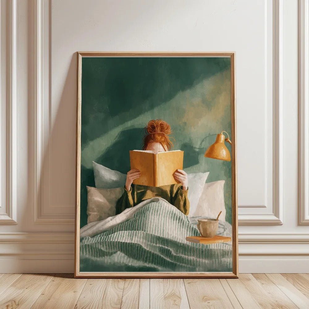 Tableau Femme Lisant Vert Émeraude – Ambiance Bibliothèque Élégante