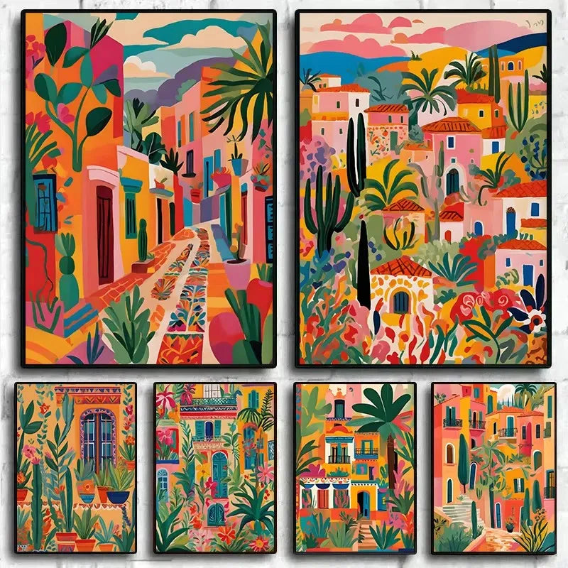 Tableau Architecture Mexicaine Colorée – Fleurs et Ambiance Solaire