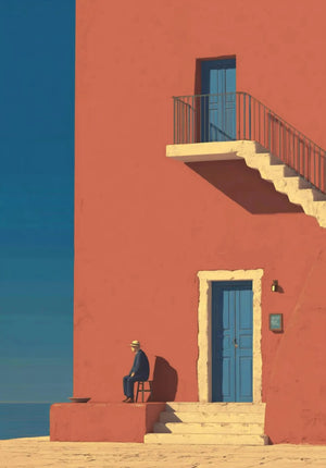 Tableau Méditerranéen Orange et Bleu – Architecture Côtière Estivale