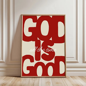 Tableau Chrétien Rouge "God Is Good" – Message Inspirant et Style Rétro