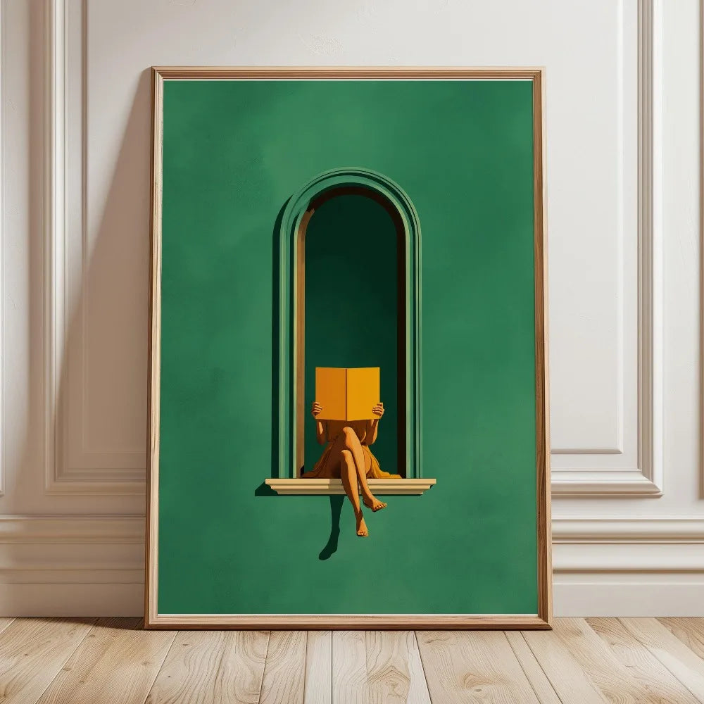 Tableau Femme Lisant Vert Émeraude – Ambiance Bibliothèque Élégante