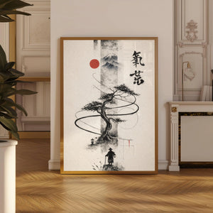 Tableau Arbre Japonais à l’Encre – Soleil Rouge et Esprit Zen