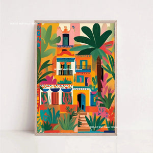 Tableau Architecture Mexicaine Colorée – Fleurs et Ambiance Solaire