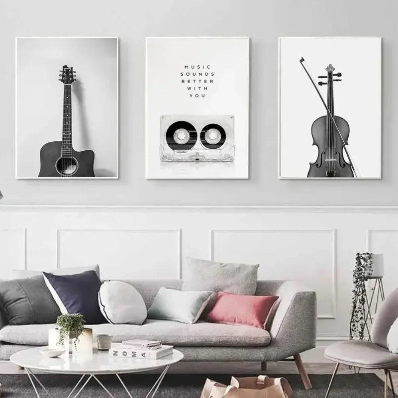Tableau Musique Noir et Blanc – Vinyle, Guitare et Esprit Rétro