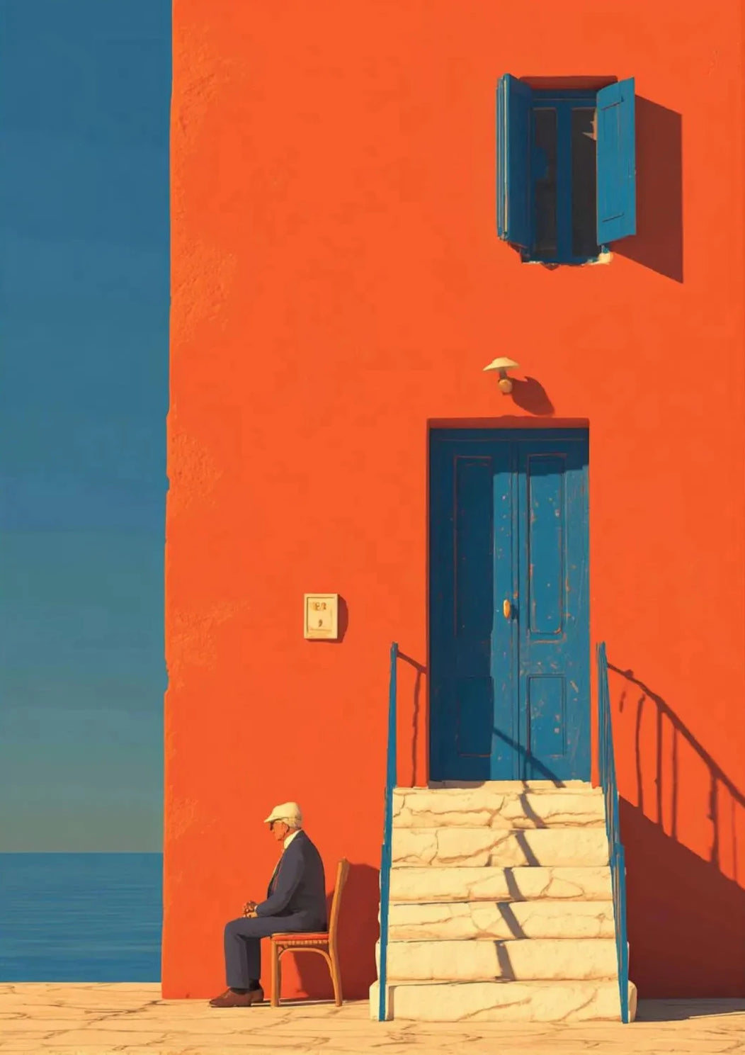 Tableau Méditerranéen Orange et Bleu – Architecture Côtière Estivale